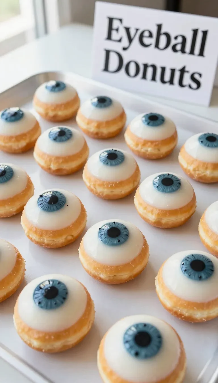 Creepy Eyeball Donuts 5 A plate of creepy eyeball donuts decorated with icing and candy eyeballs