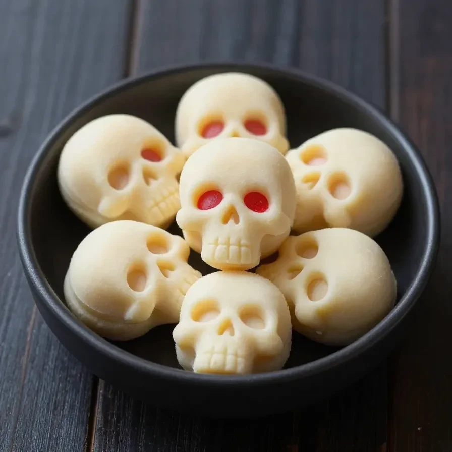 A close-up of mini strawberry skulls arranged on a white plate, decorated with edible eyes and chocolate accents.