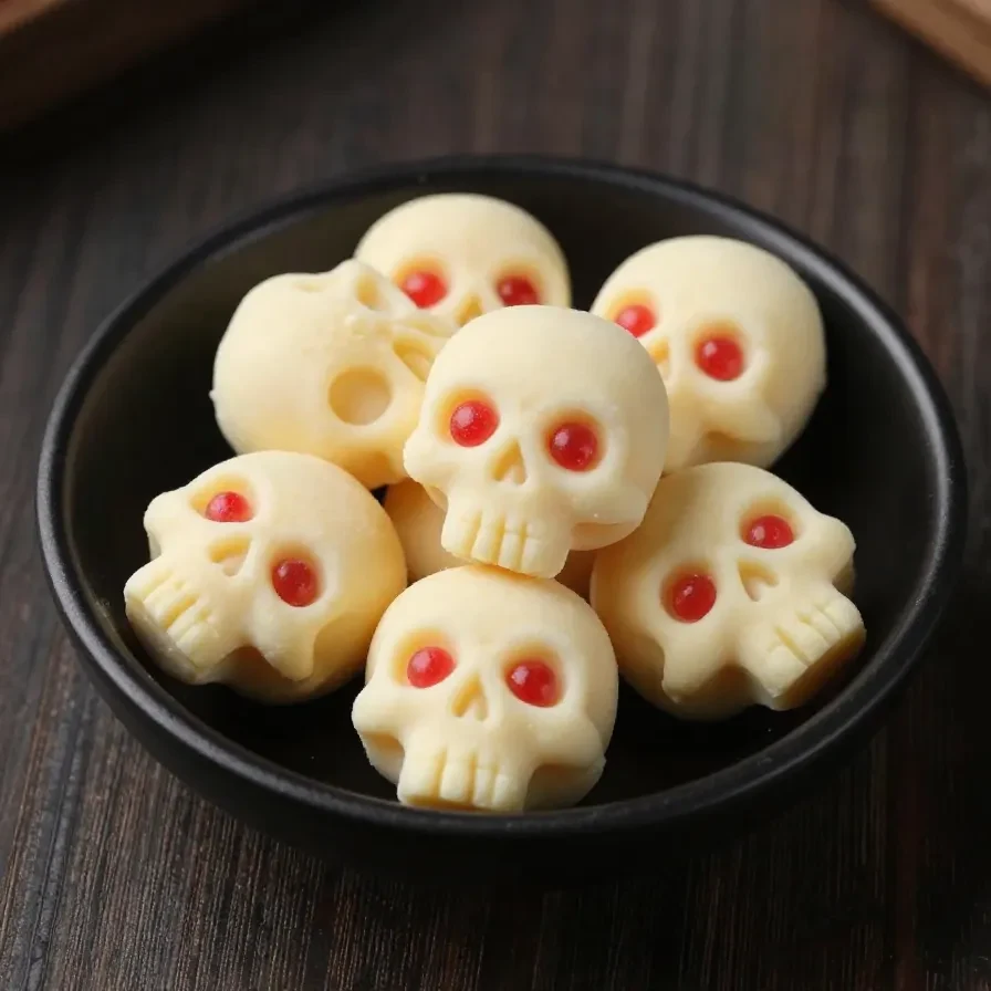 Mini Strawberry Skulls 2 A close-up of mini strawberry skulls arranged on a white plate, decorated with edible eyes and chocolate accents.