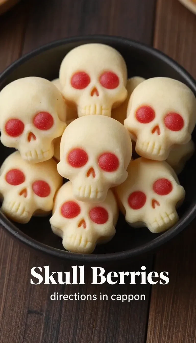 Mini Strawberry Skulls 5 A close-up of mini strawberry skulls arranged on a white plate, decorated with edible eyes and chocolate accents.