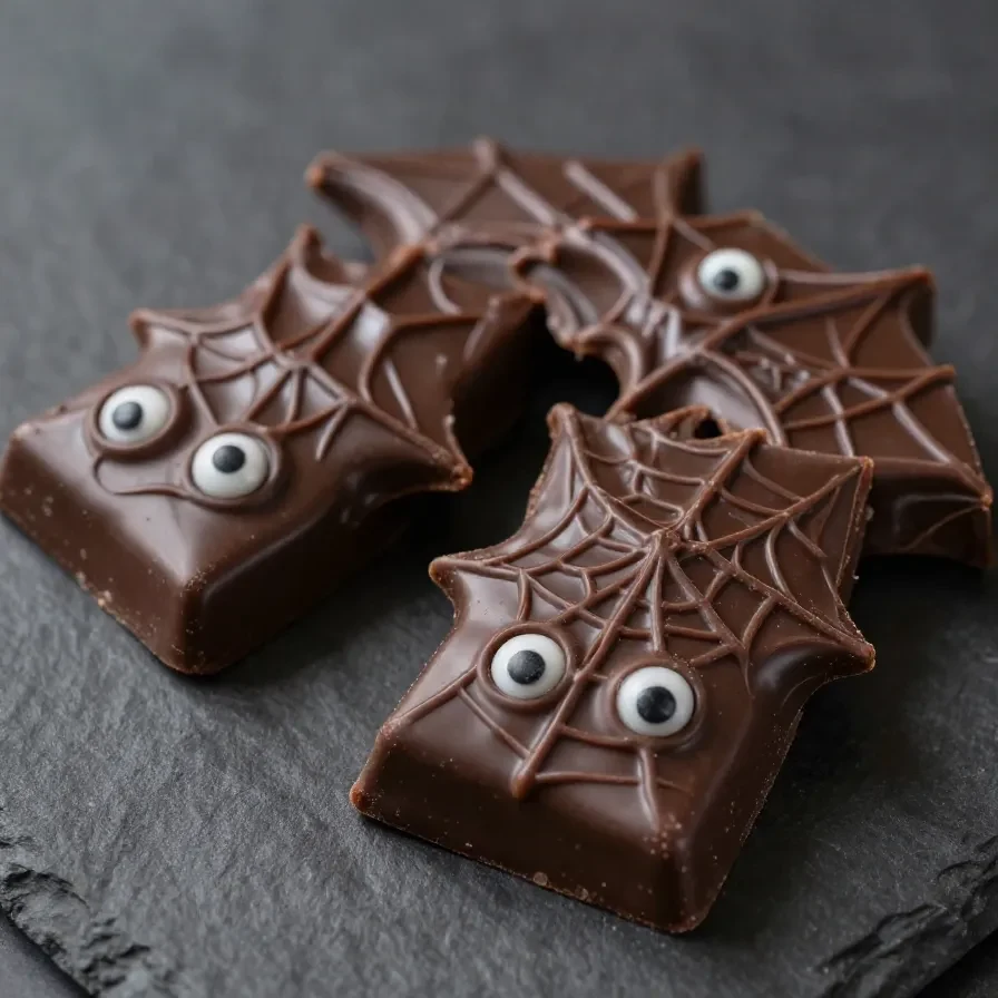 A plate of no-bake bat bites shaped like bats, decorated with chocolate and sprinkles