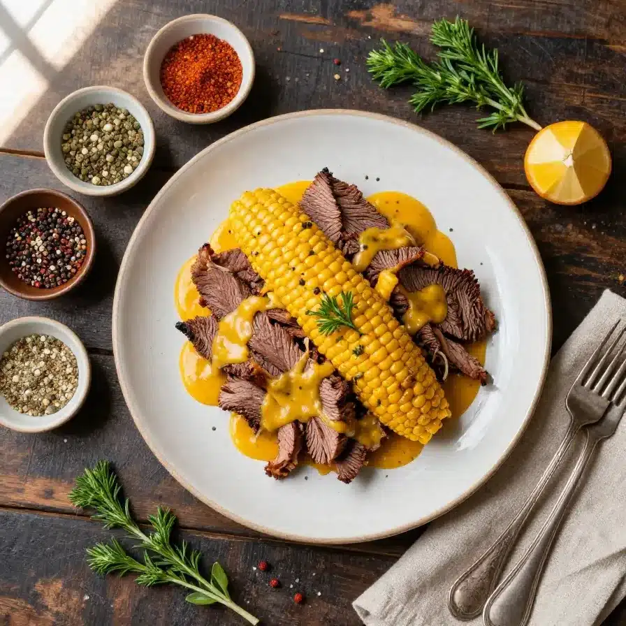 Slow-cooked corned beef glazed with honey mustard, served on a wooden platter.