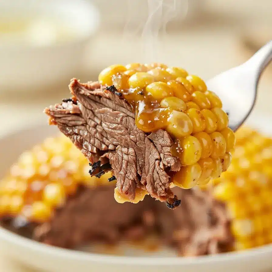Slow-cooked corned beef glazed with honey mustard, served on a wooden platter.