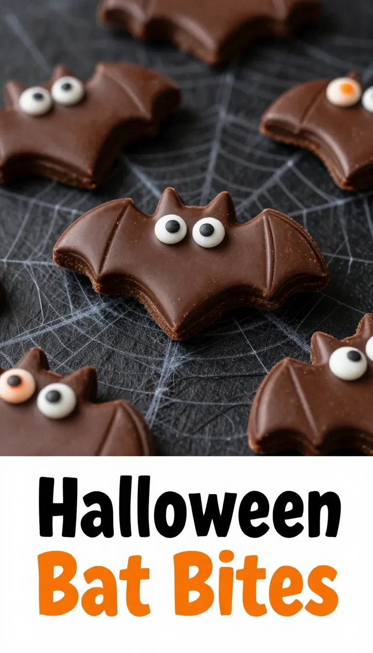 No-Bake Bat Bites 4 A plate of no-bake bat bites shaped like bats, decorated with chocolate and sprinkles