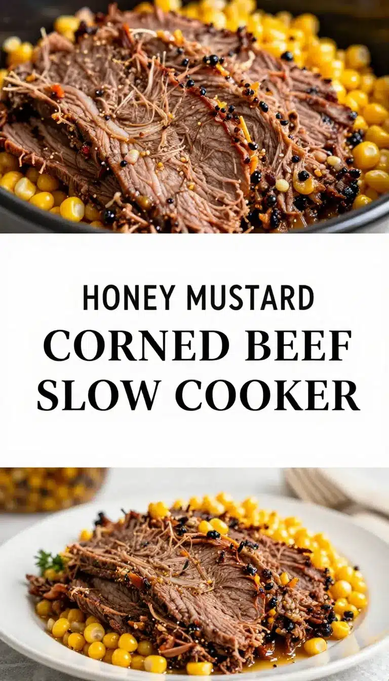 Slow-cooked corned beef glazed with honey mustard, served on a wooden platter.