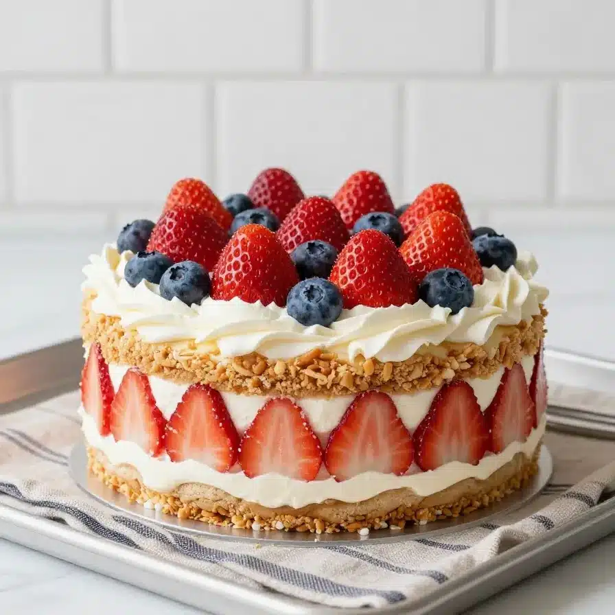 Close-up of a strawberry pretzel jello salad in a glass dish, featuring layers of pretzels, cream cheese filling, and strawberry jello topping.