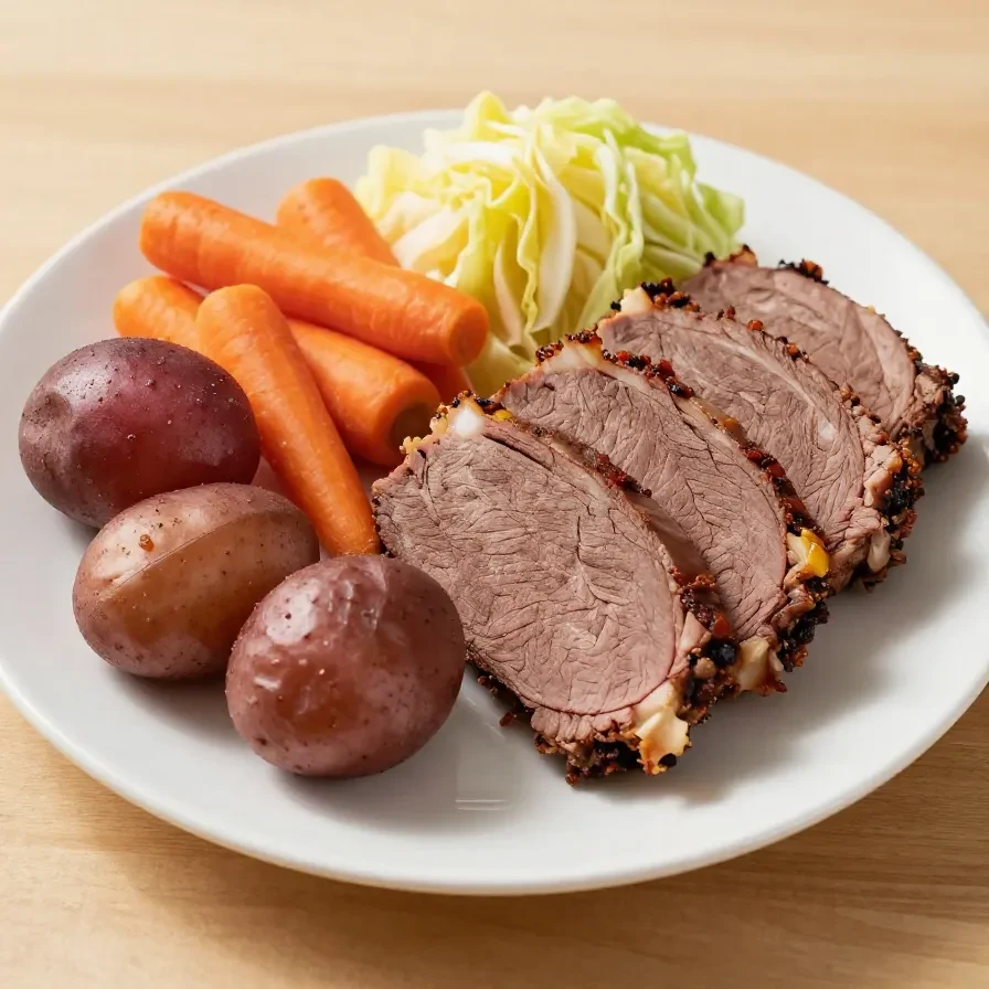A slow cooker filled with tender corned beef and vibrant carrots, garnished with fresh parsley