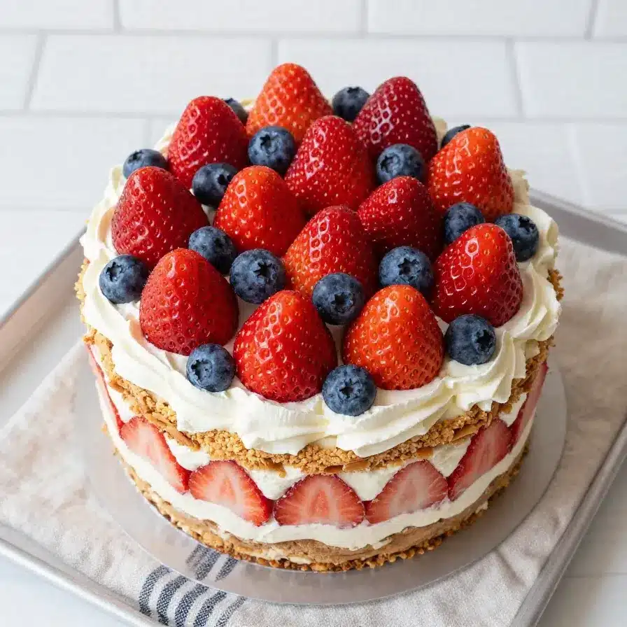 Close-up of a strawberry pretzel jello salad in a glass dish, featuring layers of pretzels, cream cheese filling, and strawberry jello topping.