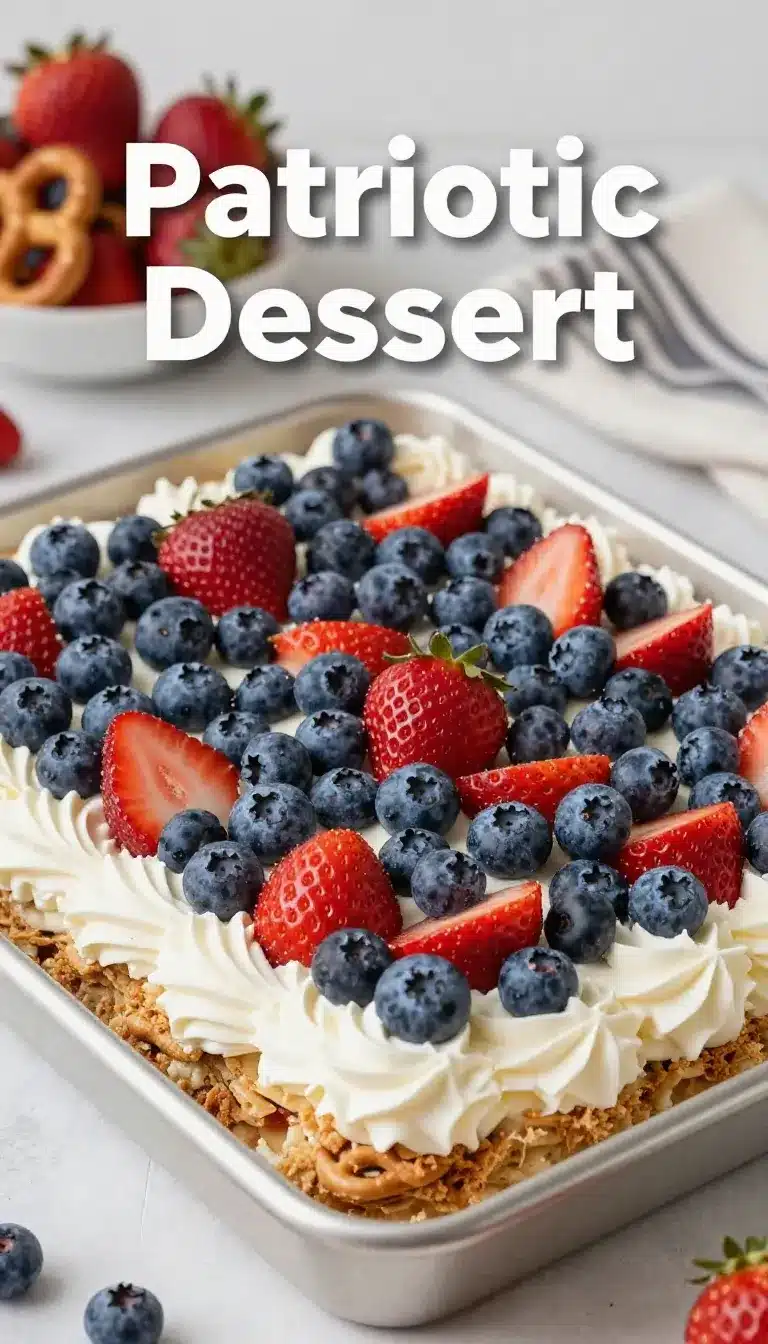 Close-up of a strawberry pretzel jello salad in a glass dish, featuring layers of pretzels, cream cheese filling, and strawberry jello topping.