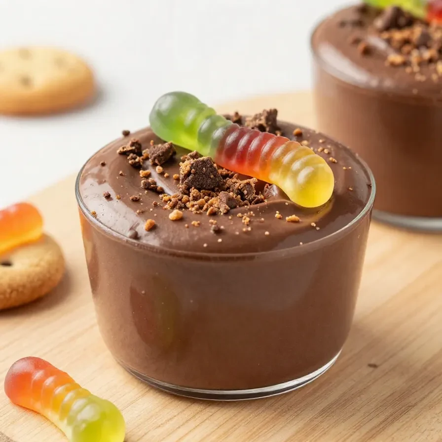 A delicious graveyard dirt cup dessert topped with gummy worms and crushed chocolate cookies