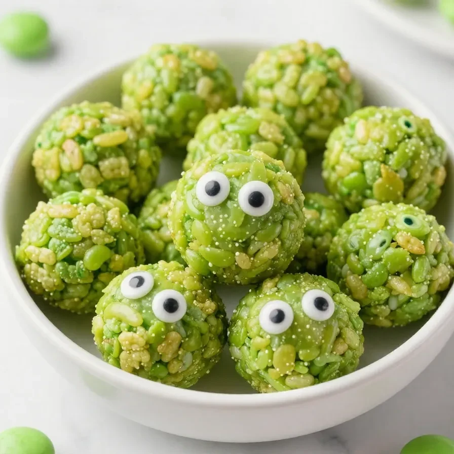 A colorful batch of Monster Eyeball Krispies treats displayed on a festive plate