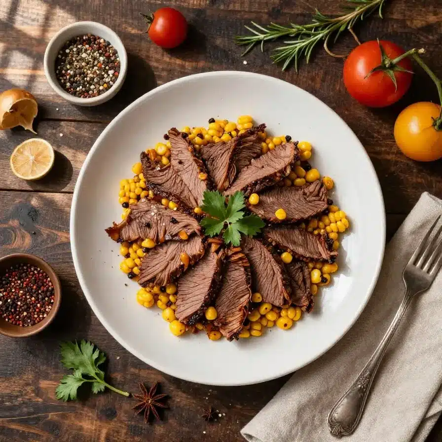 A slow cooker dish featuring tender corned beef glazed with a rich maple sauce, served with carrots and potatoes.