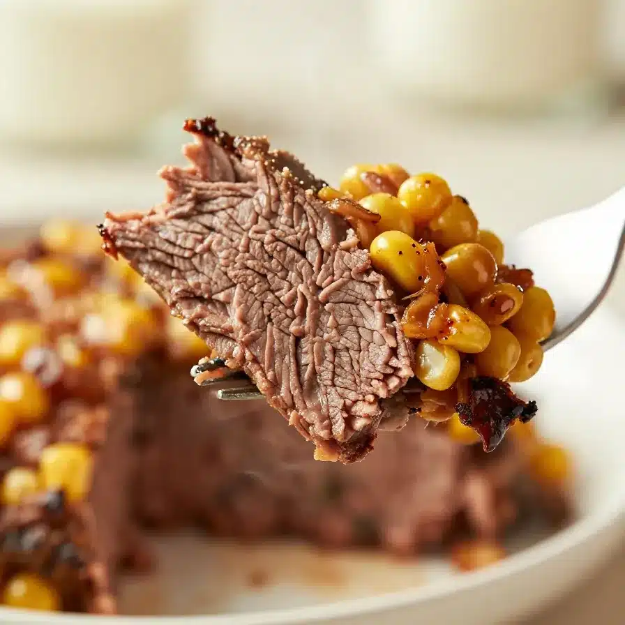 A slow cooker dish featuring tender corned beef glazed with a rich maple sauce, served with carrots and potatoes.