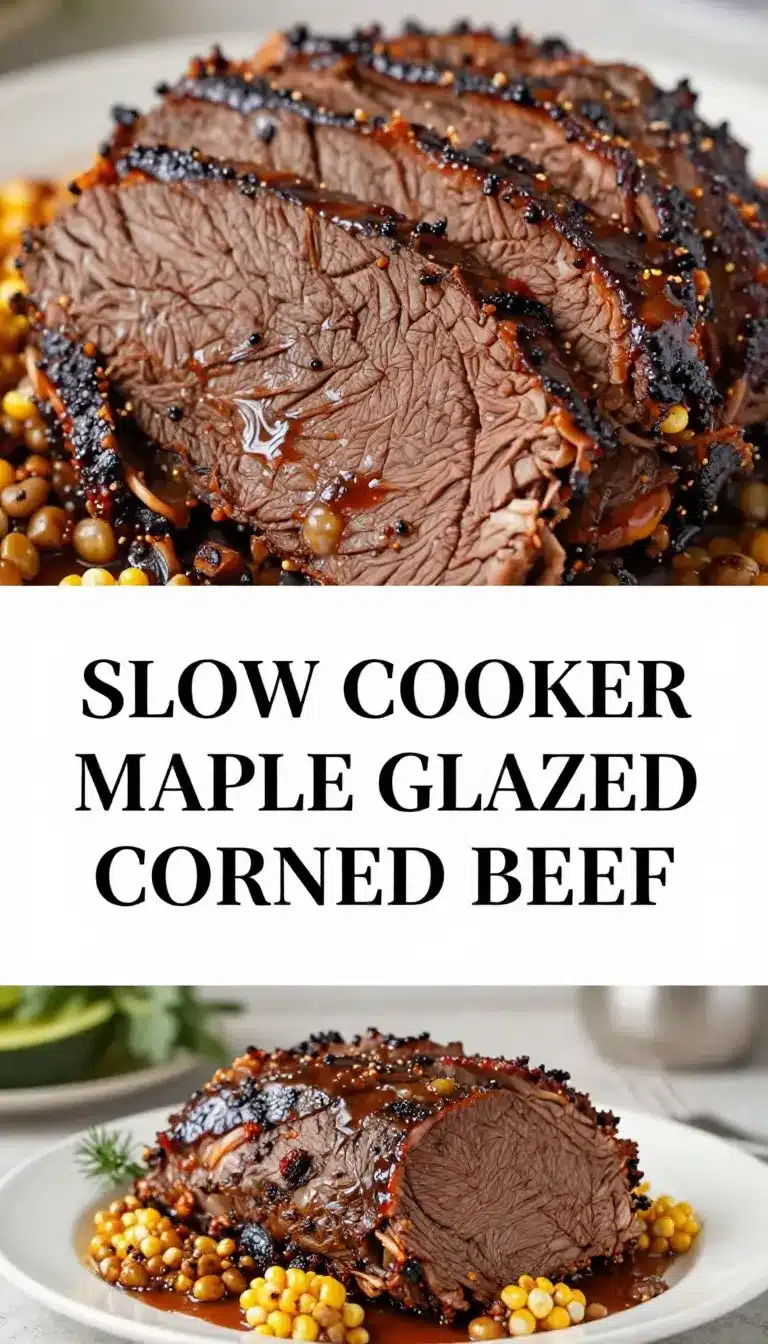 A slow cooker dish featuring tender corned beef glazed with a rich maple sauce, served with carrots and potatoes.