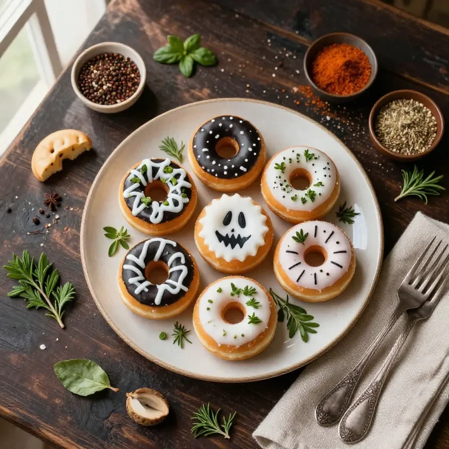 A plate of spooky mini donuts decorated with Halloween-themed icing and sprinkles