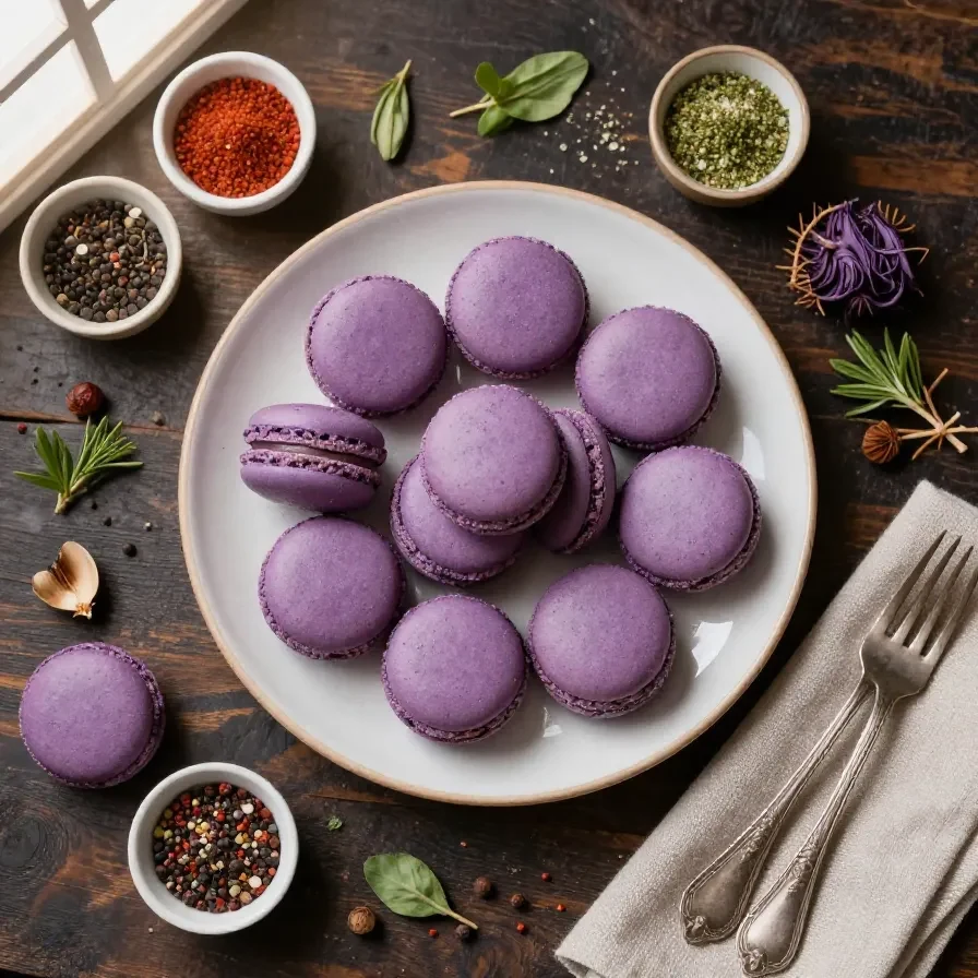 A close-up of purple macarons arranged on a white plate