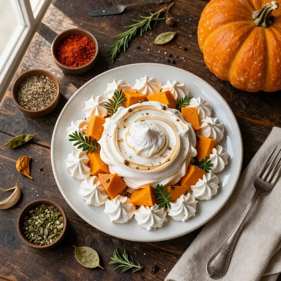 A plate of colorful meringue pumpkins in various sizes and shades of orange and green.