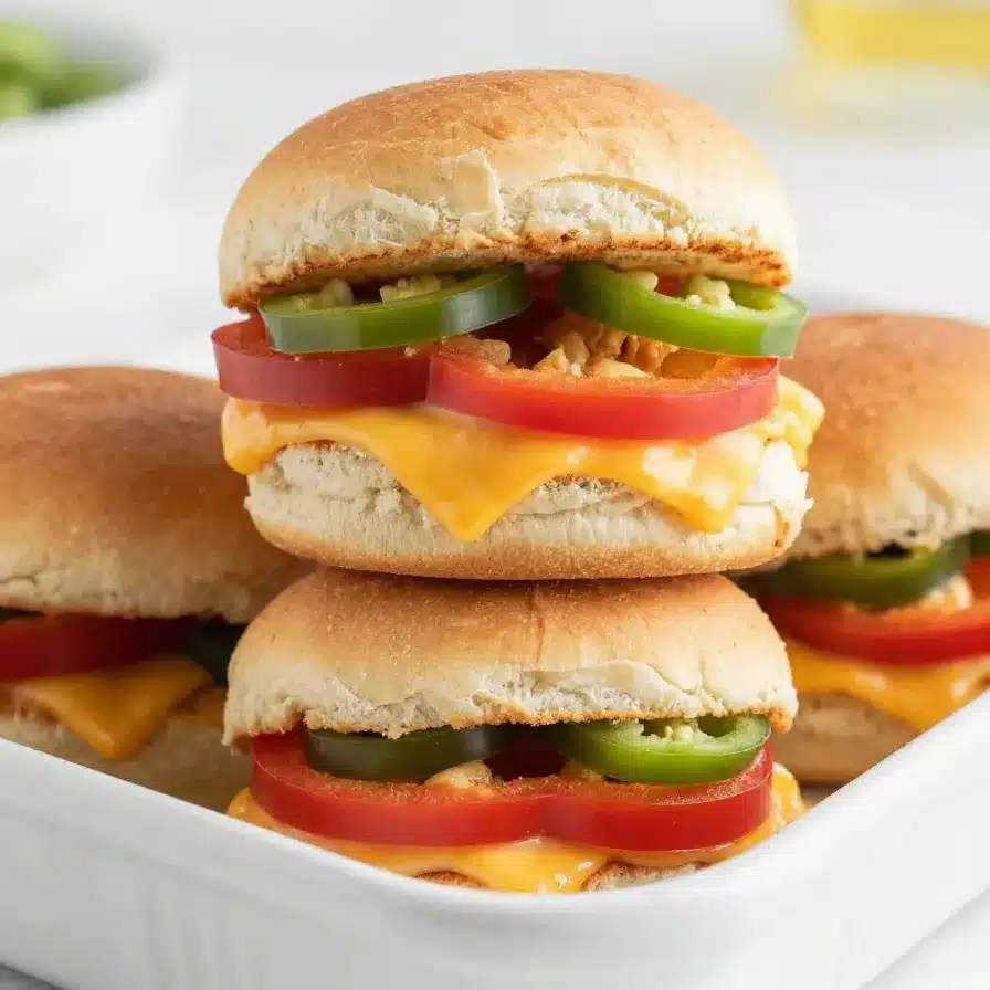 A tray of freshly baked hot Italian sub sliders with melted cheese and golden-brown tops.