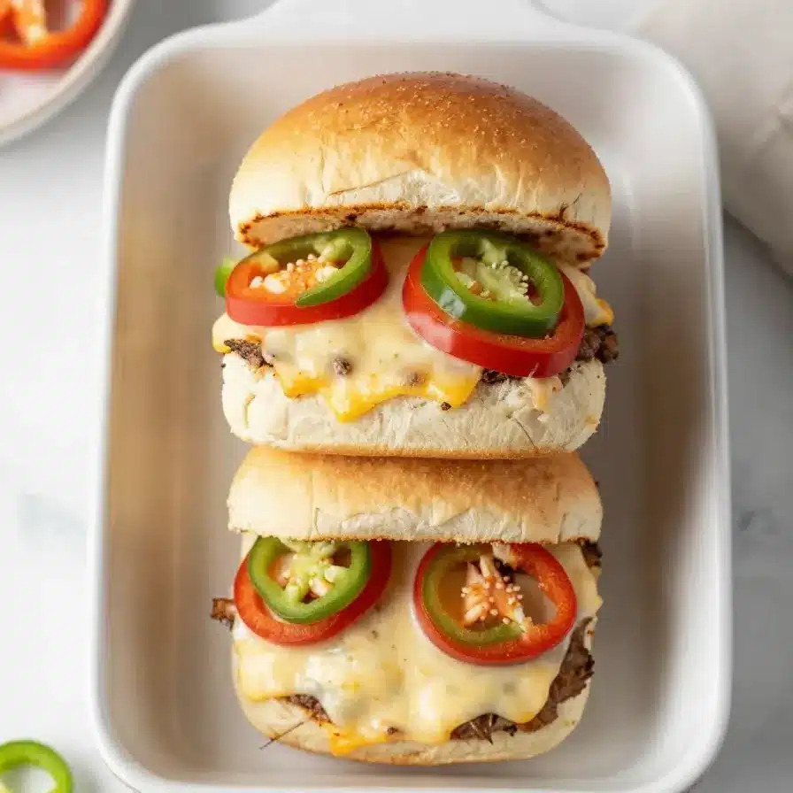 A tray of freshly baked hot Italian sub sliders with melted cheese and golden-brown tops.