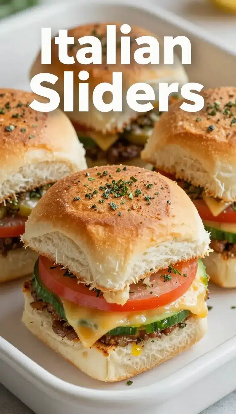 A tray of freshly baked hot Italian sub sliders with melted cheese and golden-brown tops.