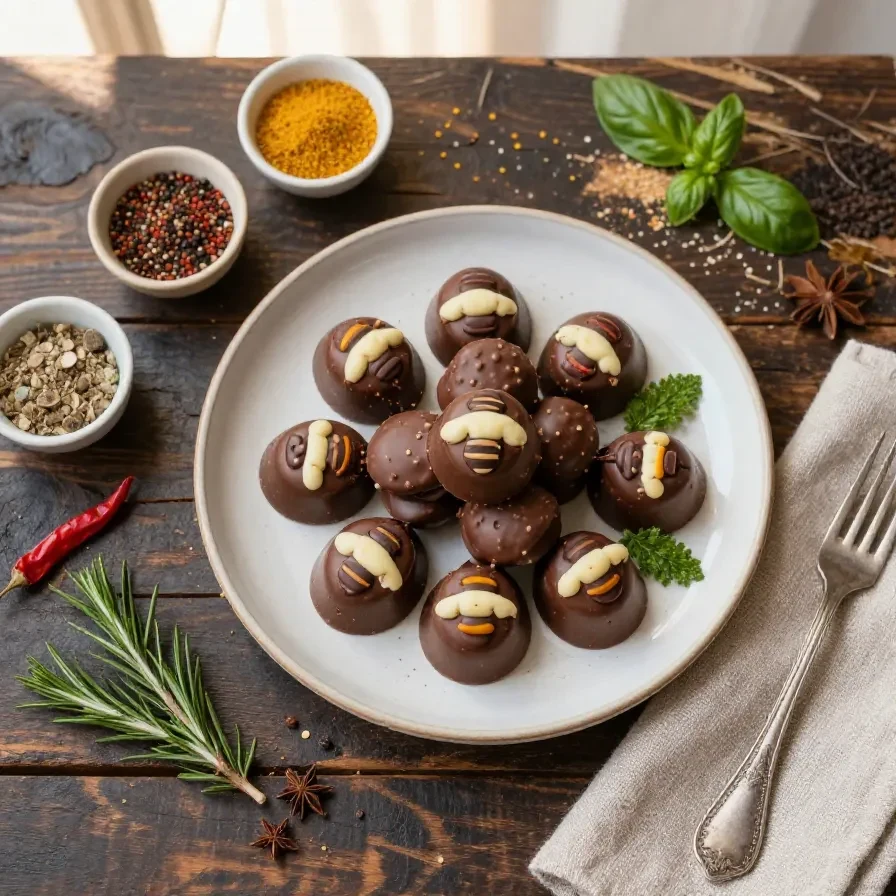 A plate of chocolate bee bites topped with honey and nuts