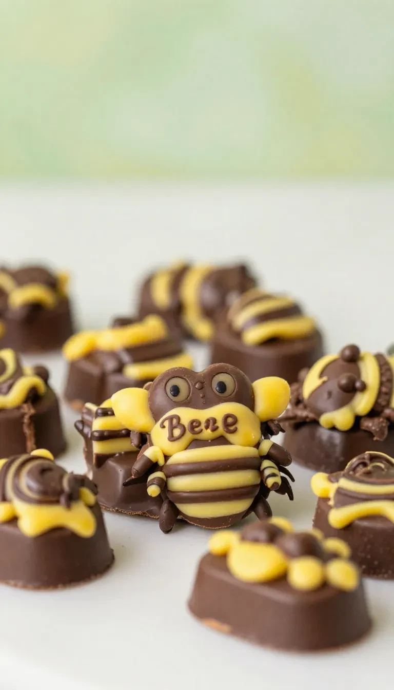 A plate of chocolate bee bites topped with honey and nuts