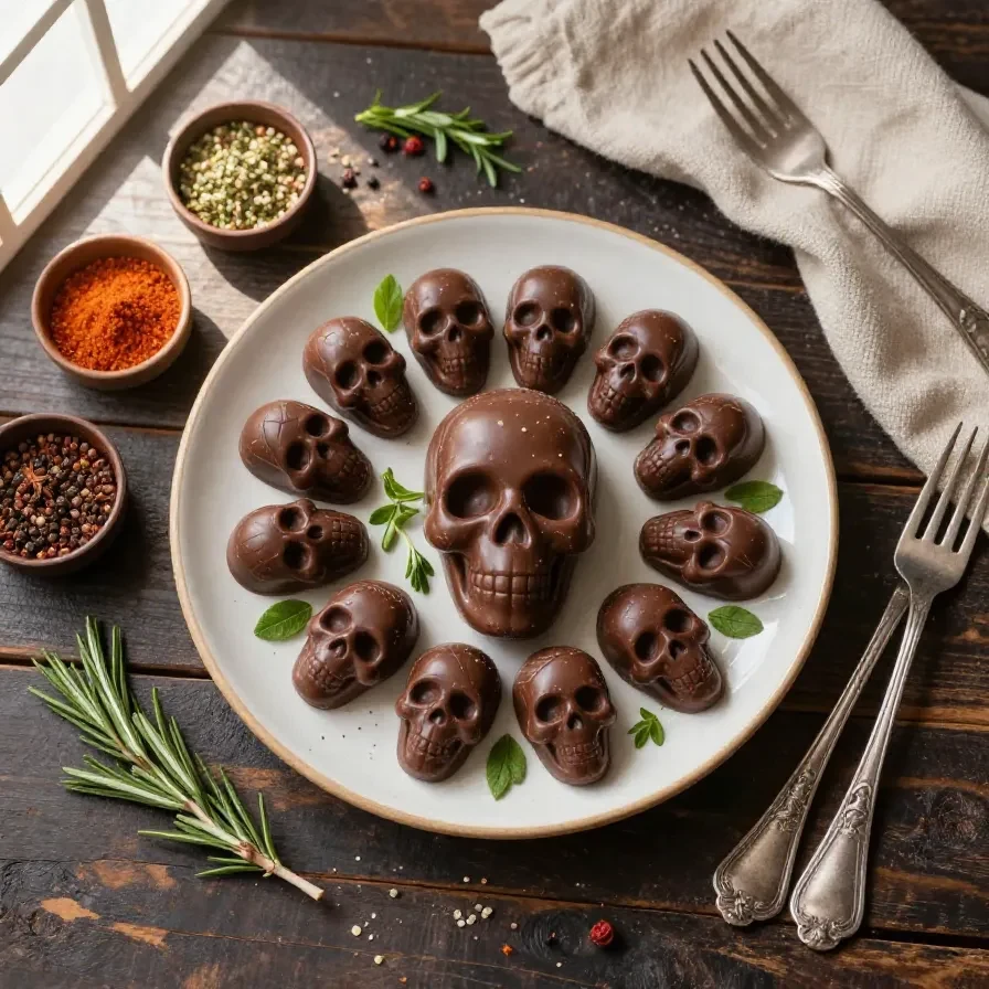 A close-up of mini chocolate skulls arranged on a decorative plate