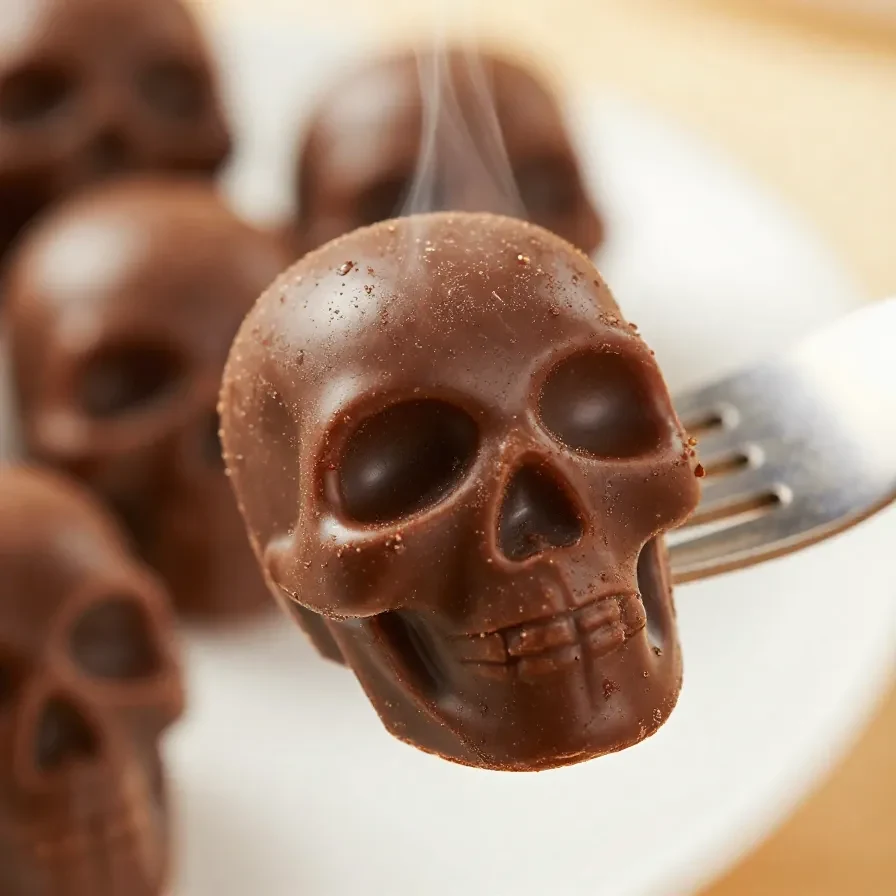 A close-up of mini chocolate skulls arranged on a decorative plate