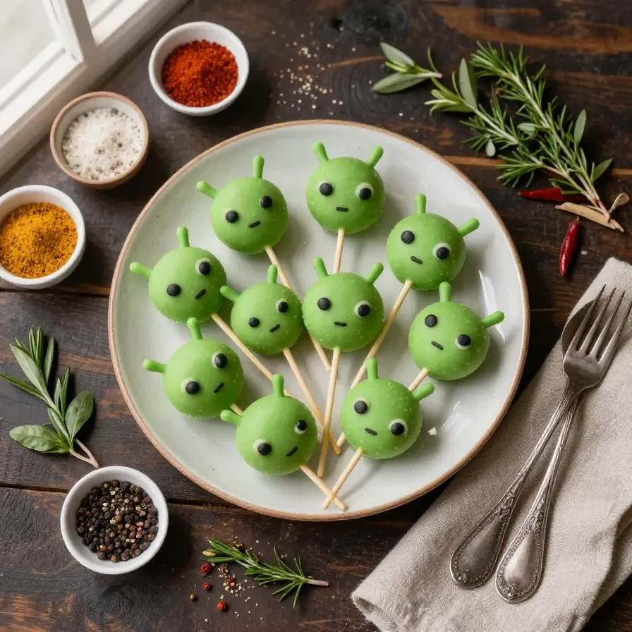 Colorful mini alien cake pops decorated with candy eyes and vibrant icing