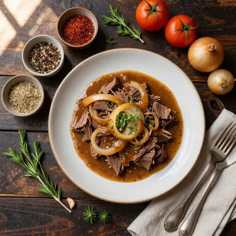 A slow cooker corned beef served with rich onion gravy and garnished with fresh parsley.