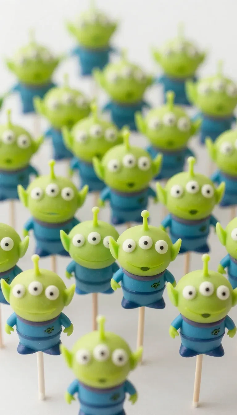 Colorful mini alien cake pops decorated with candy eyes and vibrant icing