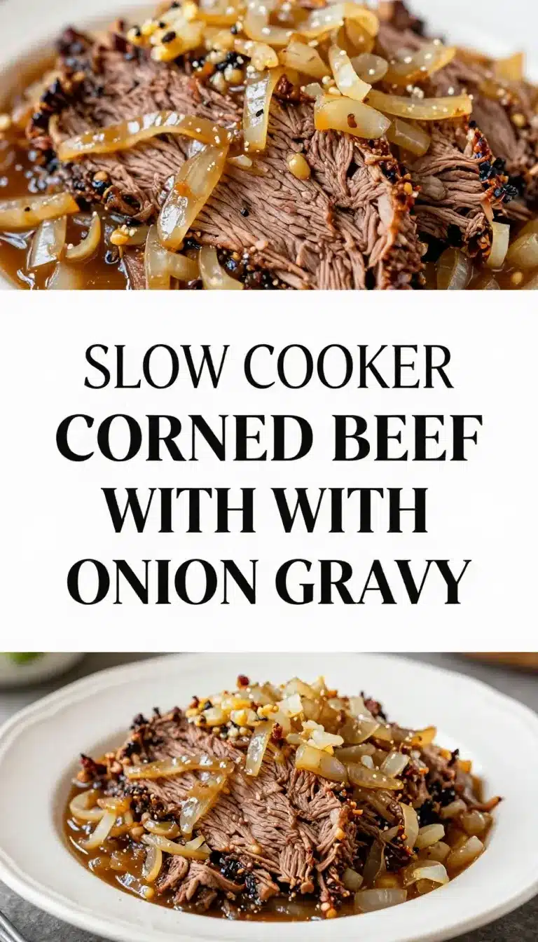 A slow cooker corned beef served with rich onion gravy and garnished with fresh parsley.