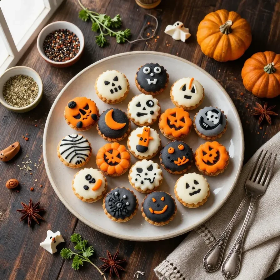 A colorful assortment of mini Halloween desserts including spider cupcakes and ghost-shaped cookies