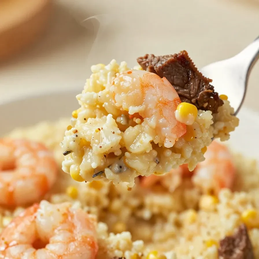 A bowl of Caraway Havarti Grits topped with shrimp and corned beef