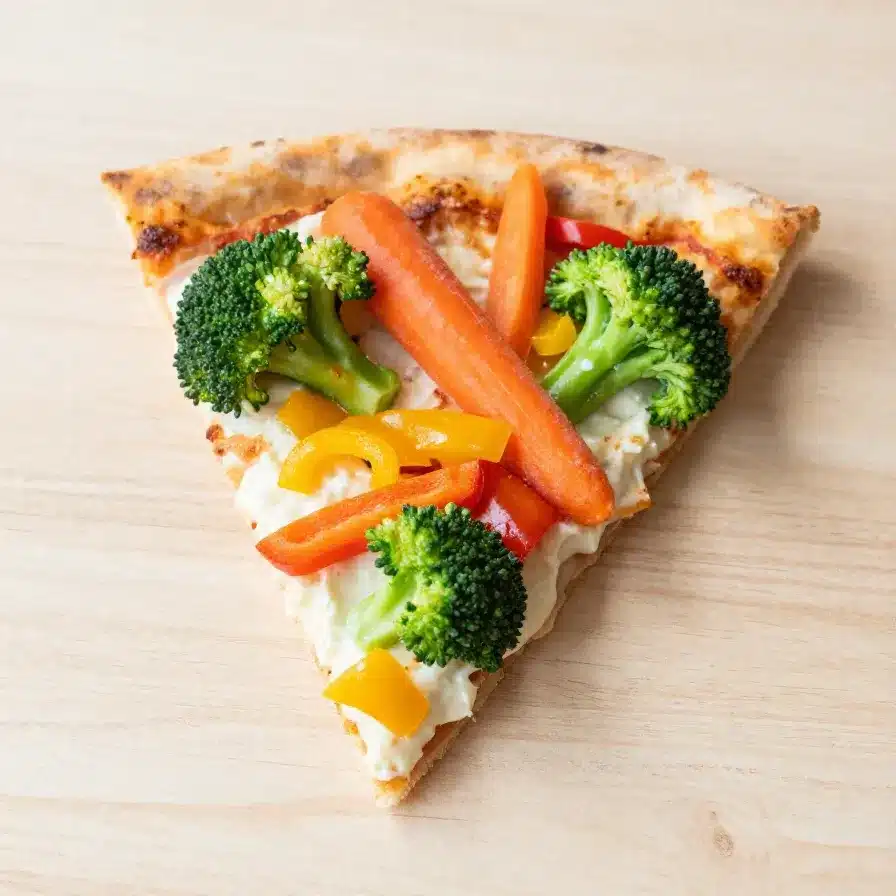 A colorful cold veggie pizza served on a wooden platter, perfect for Labor Day celebrations.