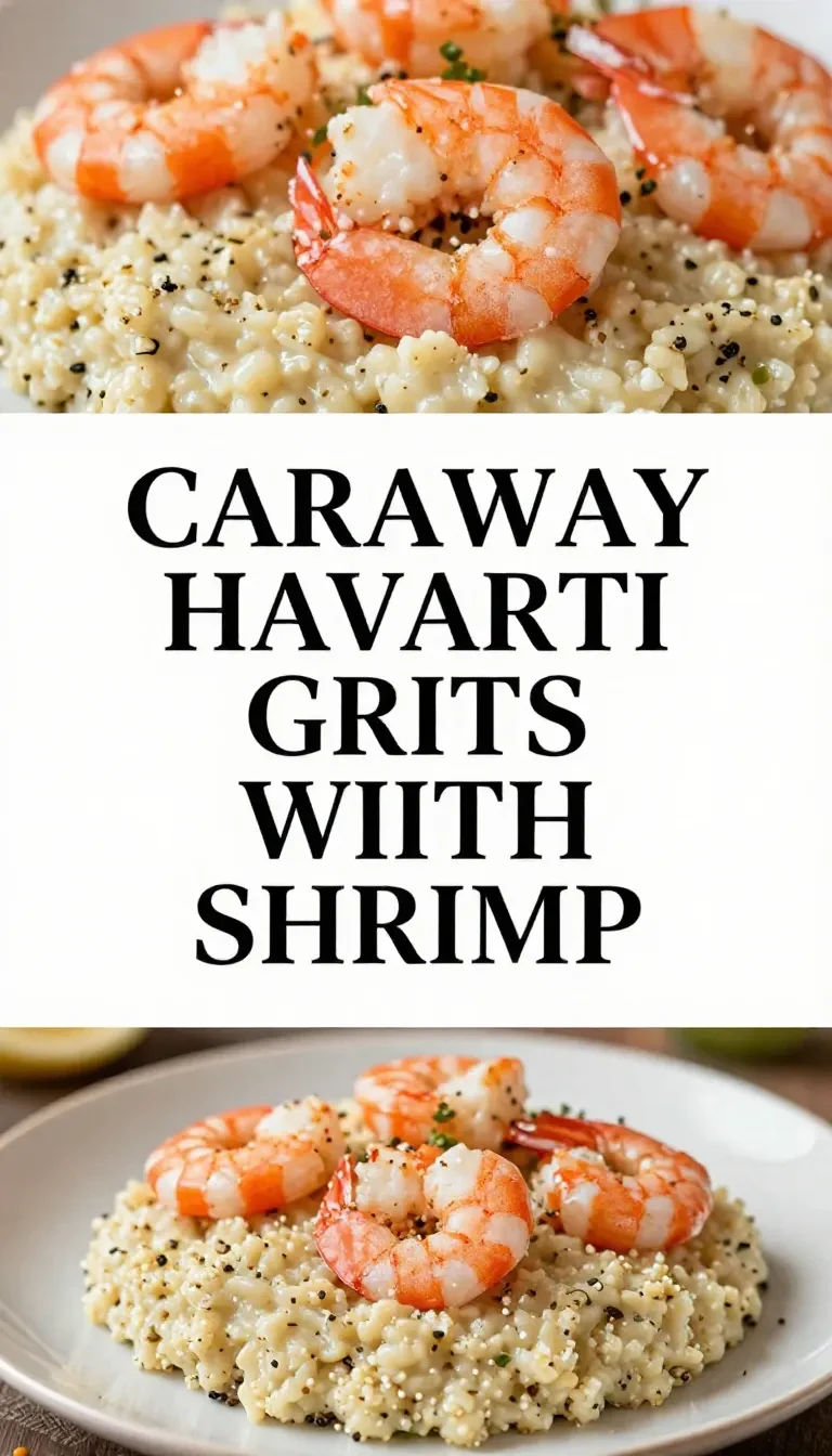 A bowl of Caraway Havarti Grits topped with shrimp and corned beef