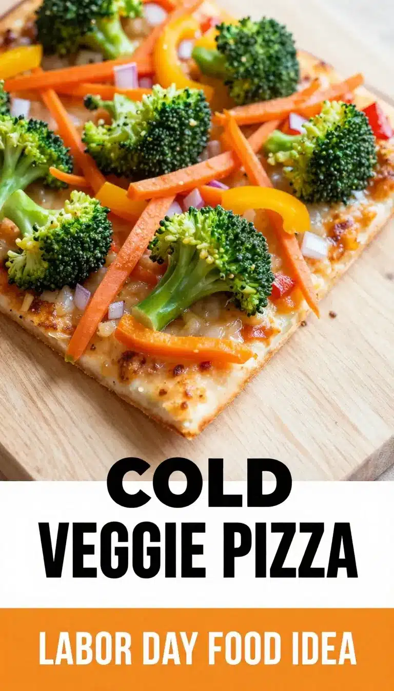 A colorful cold veggie pizza served on a wooden platter, perfect for Labor Day celebrations.