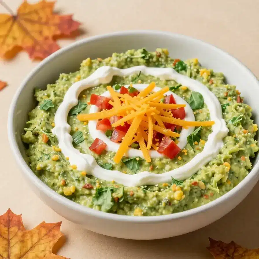 A festive Halloween-themed taco dip topped with orange and black decorations.