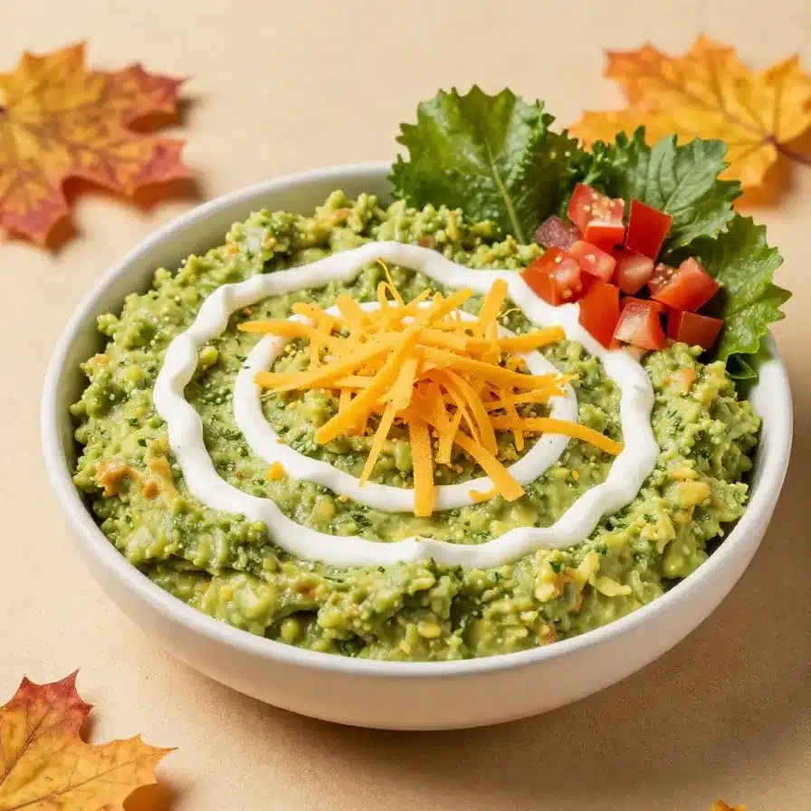 A festive Halloween-themed taco dip topped with orange and black decorations.