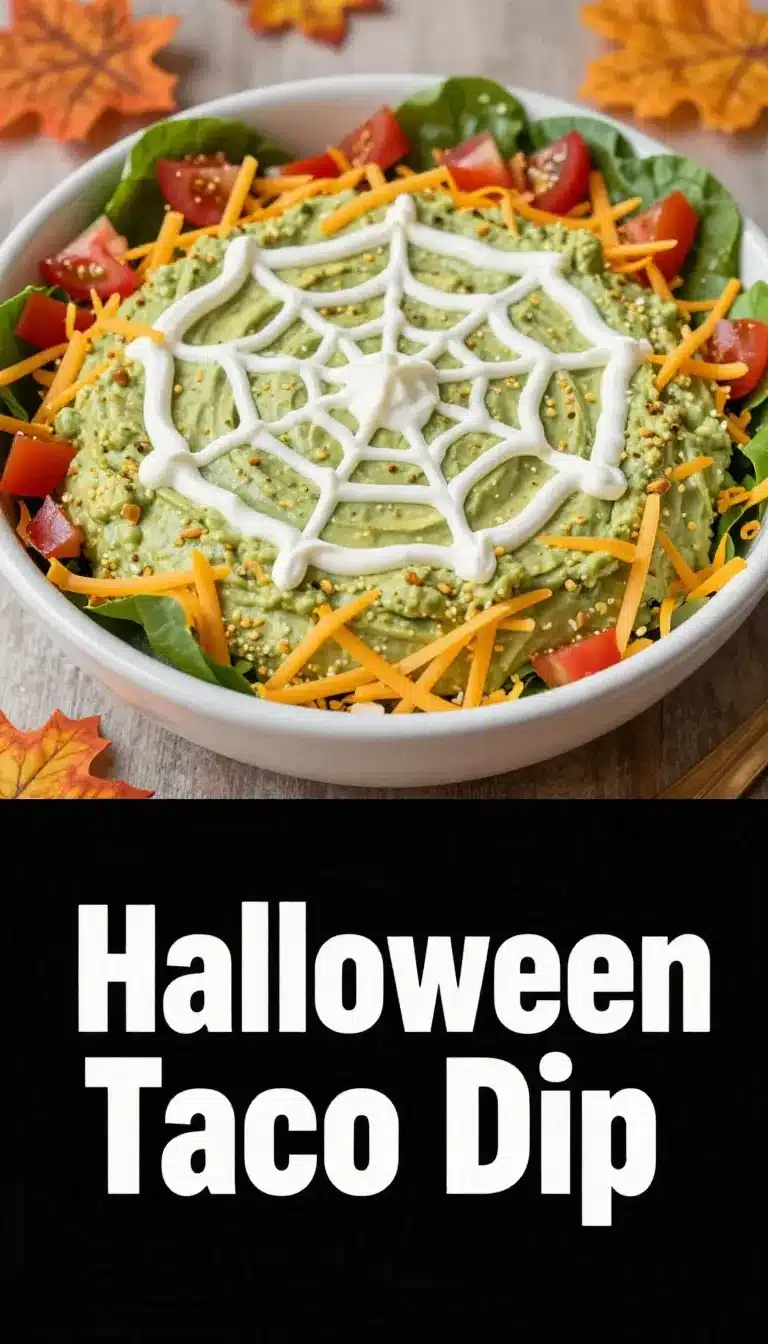 A festive Halloween-themed taco dip topped with orange and black decorations.