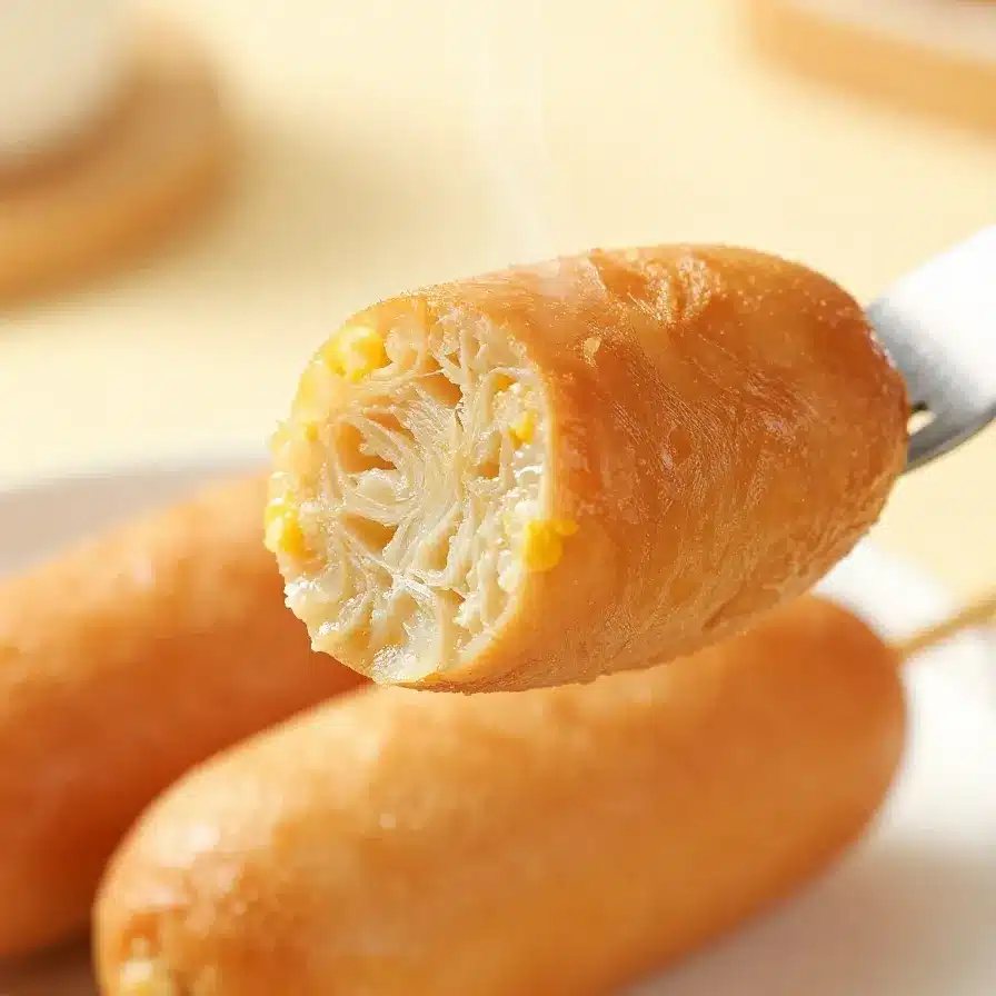 A close-up of mummified corn dogs wrapped in strips of dough on a wooden plate.