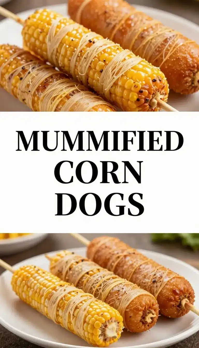 A close-up of mummified corn dogs wrapped in strips of dough on a wooden plate.