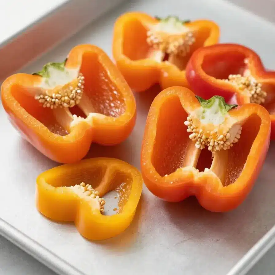 Close-up of ghost-faced peppers drizzled with hot honey on a wooden cutting board.