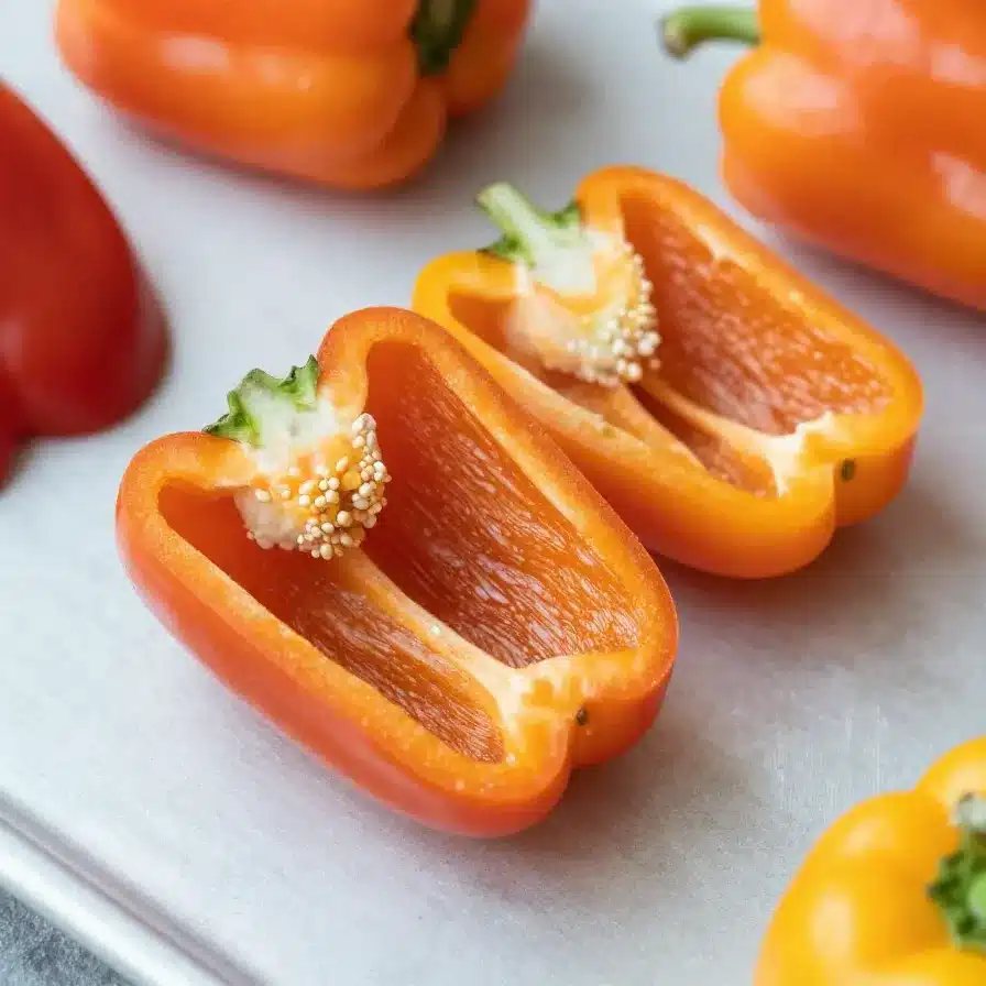 Close-up of ghost-faced peppers drizzled with hot honey on a wooden cutting board.