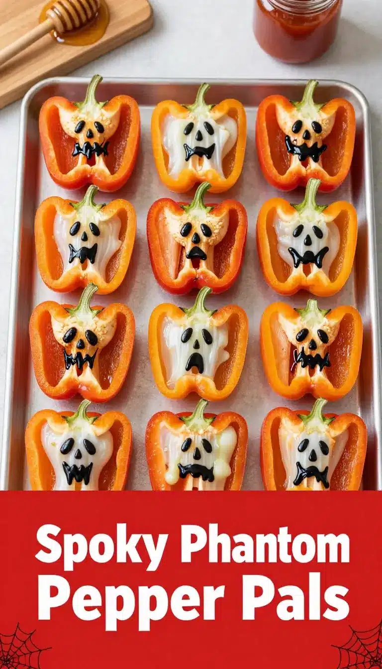 Close-up of ghost-faced peppers drizzled with hot honey on a wooden cutting board.