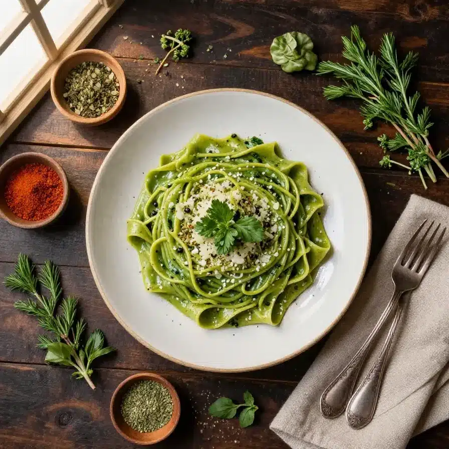 A plate of spooky green pasta with a Halloween-inspired presentation.