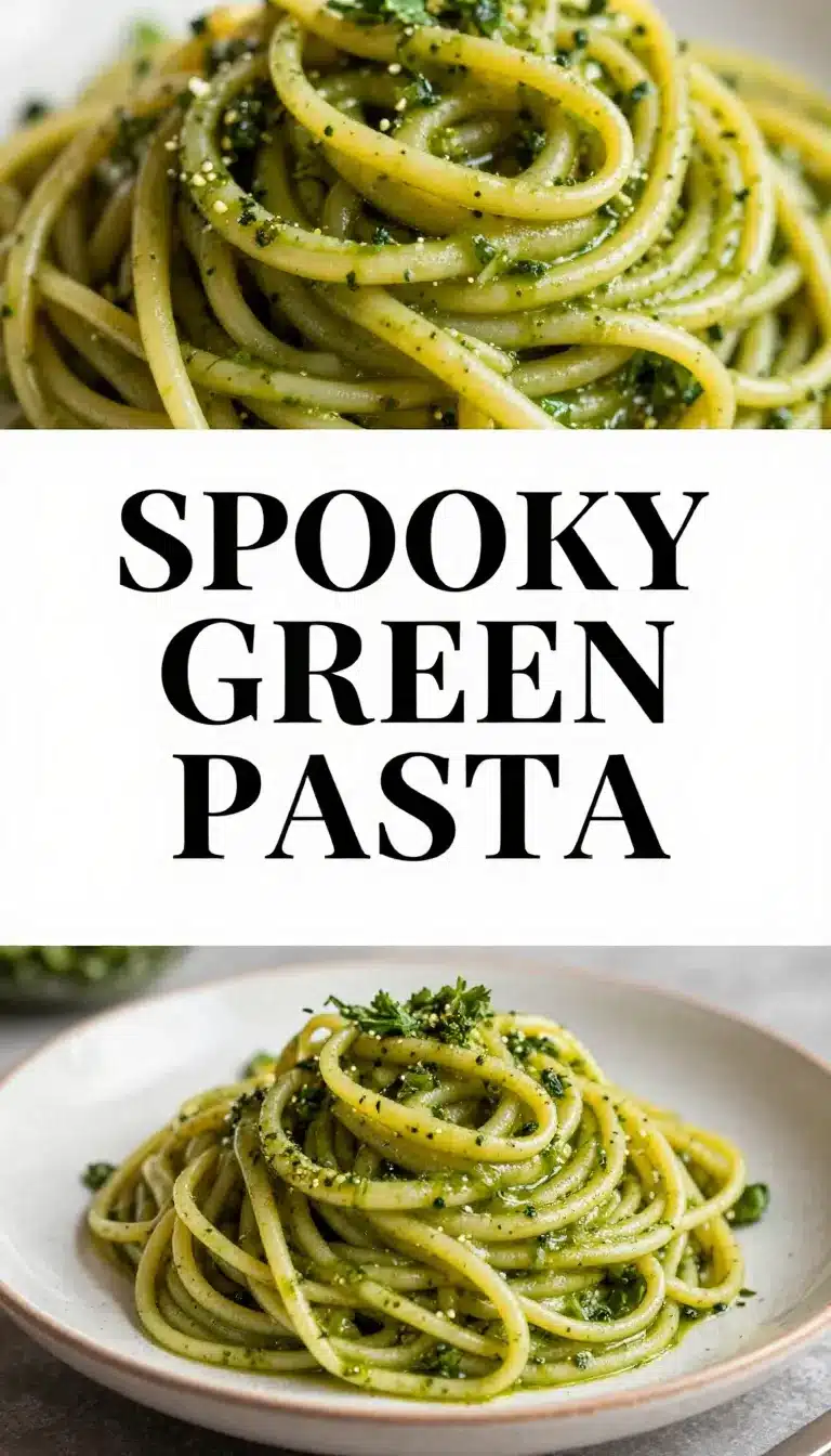 A plate of spooky green pasta with a Halloween-inspired presentation.