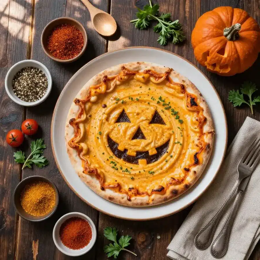 A festive Jack-o’-Lantern-shaped pizza dip served in an orange bowl with tortilla chips on the side.