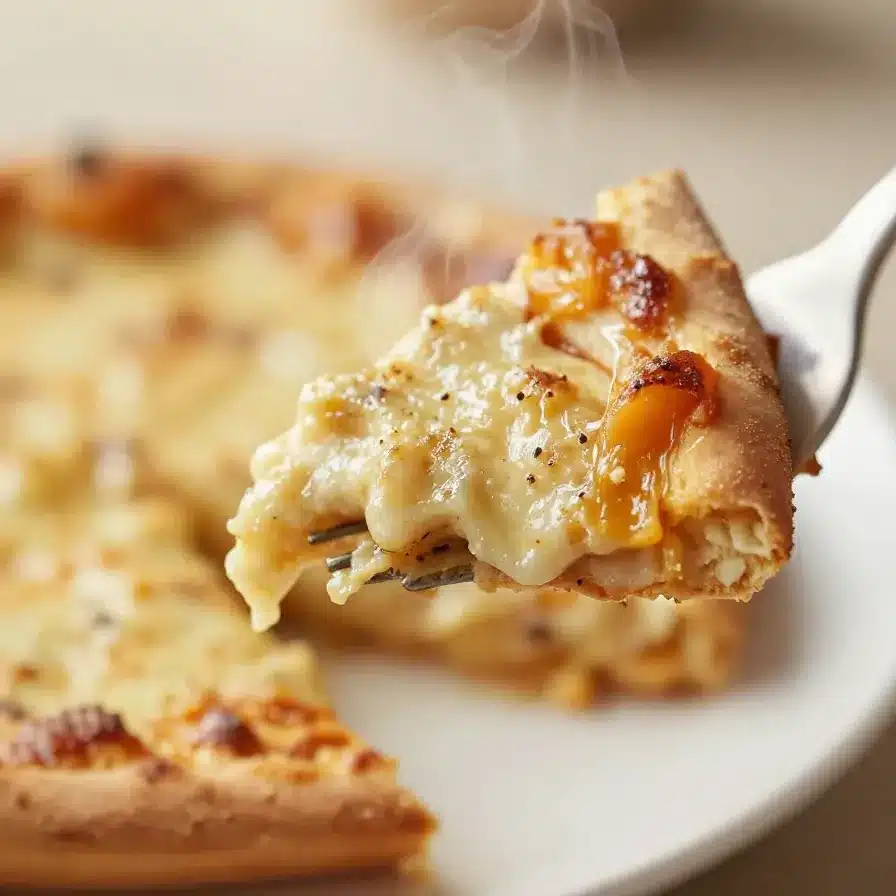 A festive Jack-o’-Lantern-shaped pizza dip served in an orange bowl with tortilla chips on the side.