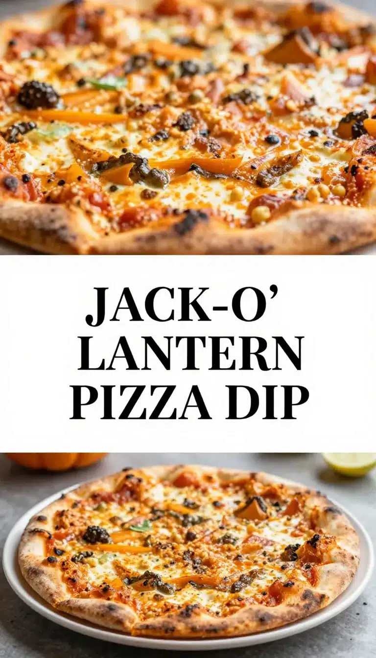 A festive Jack-o’-Lantern-shaped pizza dip served in an orange bowl with tortilla chips on the side.